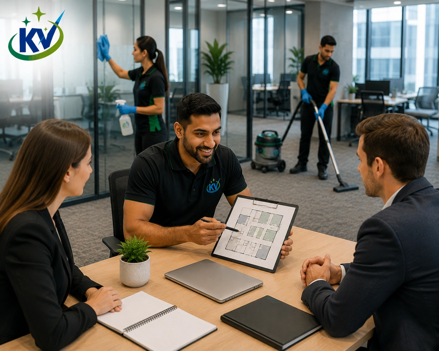 KV Cleaning Group consultant discussing a tailored commercial cleaning program with Sydney business clients